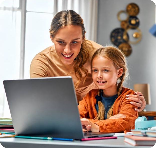 A parent watching her daughter take an online chess class on a laptop