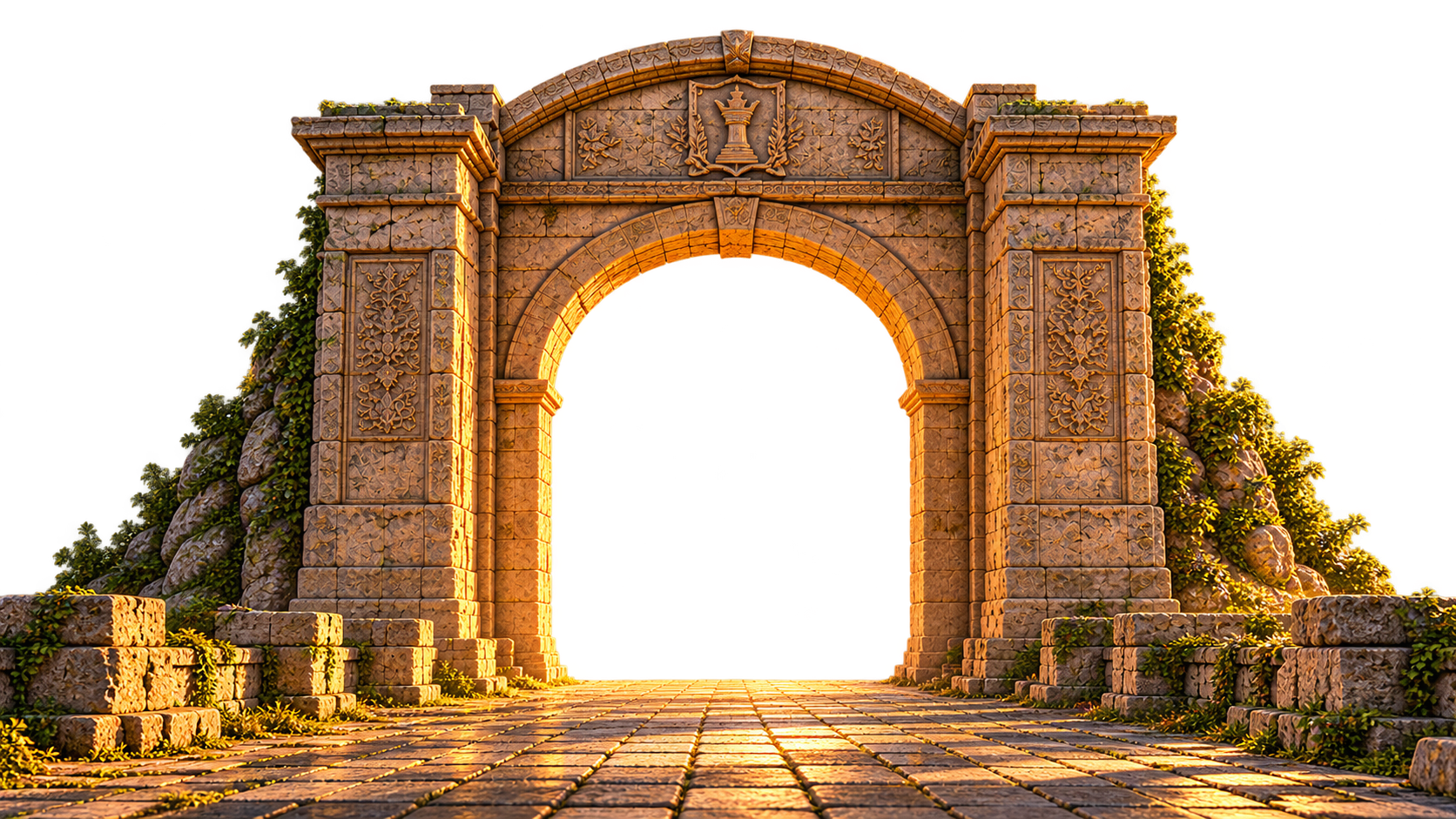 A stone archway carved with a chess king
