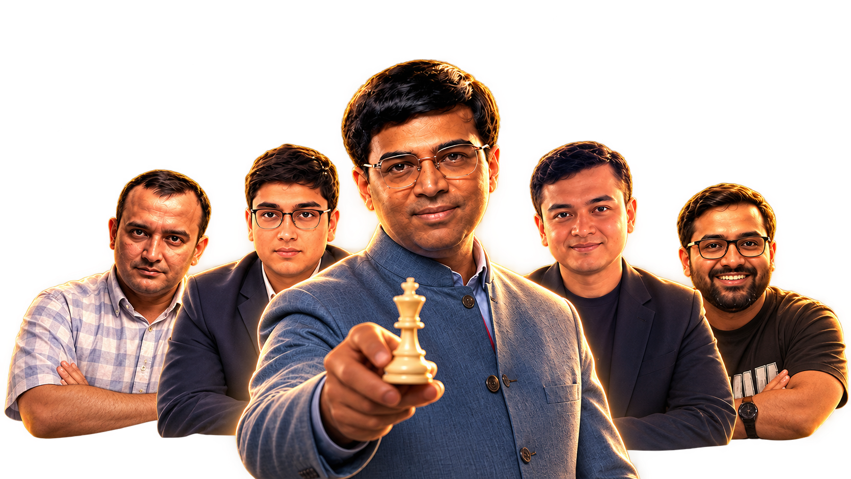 The five GAP panelists, GM Viswanathan Anand in front holding a white king