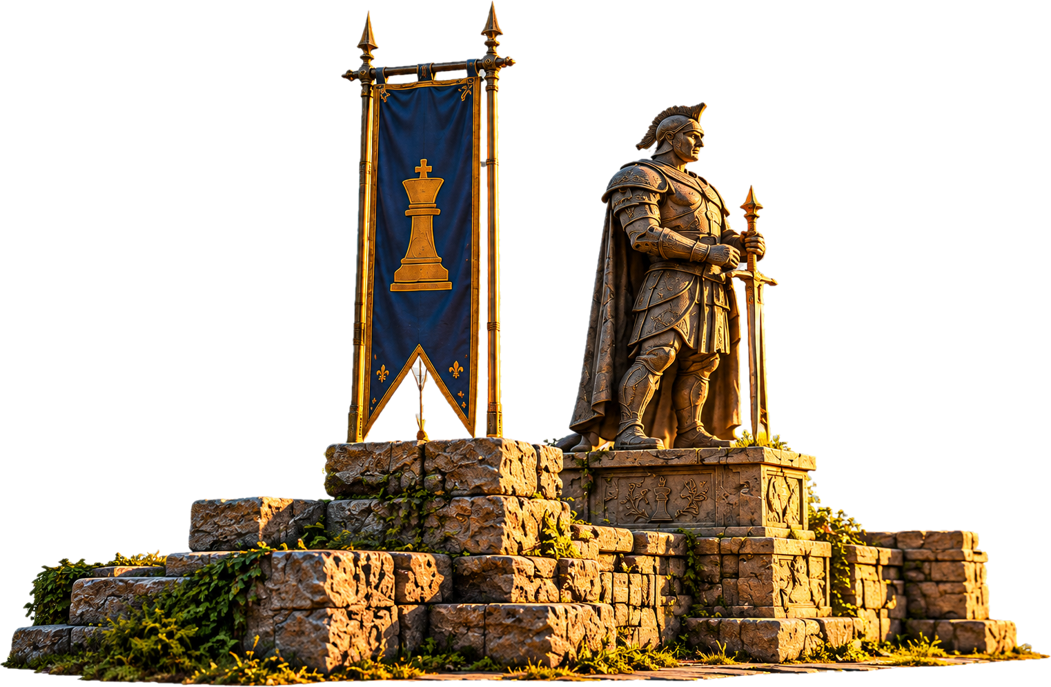 A warrior's statue beside a banner bearing a chess king
